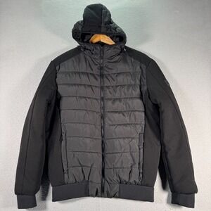 Stone Falcon Puffer Jacket Mens Medium Black Full Zip Quilted Hooded Heavyweight